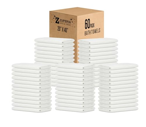 ZUPERIA White Bath Towels Bulk 60 Pack (20 x 40 Inches) - 100% Cotton Economy Light Weight Towels for Commercial Use - Quick Dry, Ultra-Soft, and Absorbent Bulk Towels