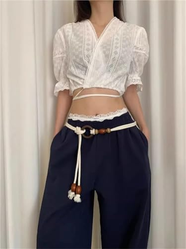 Braided Knotted Waist Belt 7Pcs Women's Bohemian Woven Waist Rope - Circular Wooden Beads For clothes3