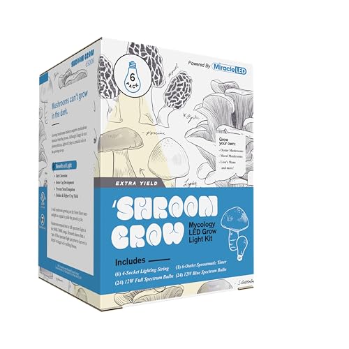 Miracle LED Shroom Indoor Grow Light Kit for Oyster, Shiitake Mushrooms - 4 6500K 12W Full & 4 Blue Spectrum Ultra Grow Replace 150W LED Grow Bulbs & 1 4-Socket Fixture with Timer (6-Pack)