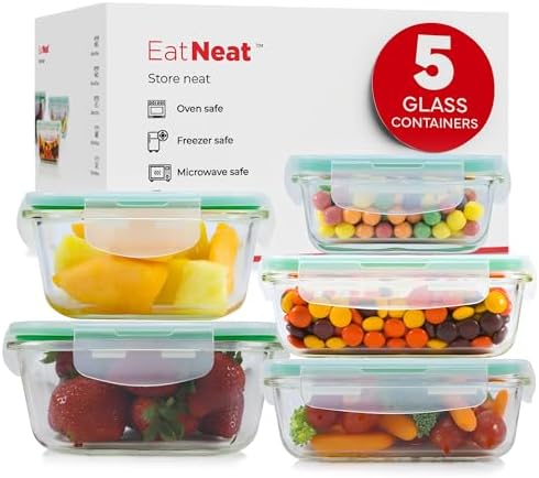 EatNeat Set of 5 Glass Food Storage Containers with Airtight Snap Locking Lids – Oven, Microwave & Dishwasher Safe – Freshness Sealed Stackable Meal Prep for Home, Office, Travel & Outdoor – BPA-Free