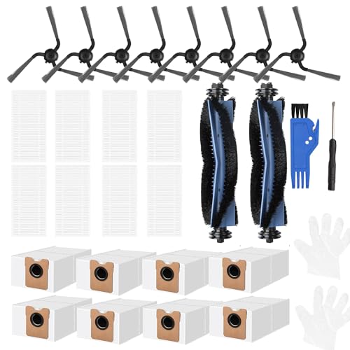 Replacement Parts Compatible with eufy Robot Vacuum C10, 8 Filter Sets + 8 Side Bruhses + 2 Rolling Brushes + 8 Dust Bags accessories for C10 with Self Emptying