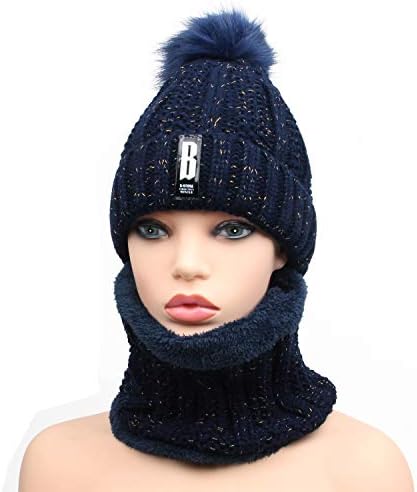 JSHANMEI Womens Knit Scarf Beanie Hat 2PCS Set Fleece Lined Pom Skull Cap Scarves Soft Warm Winter Gift Set