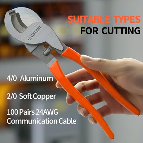 Image of 10 Inch Large Cable Cutter Heavy Duty High Leverage Big Wire Cutting Plier Tool for 4 /0 Aluminum 2 /0 Soft Copper and 100PR 24AWG Comm Cable, Orange