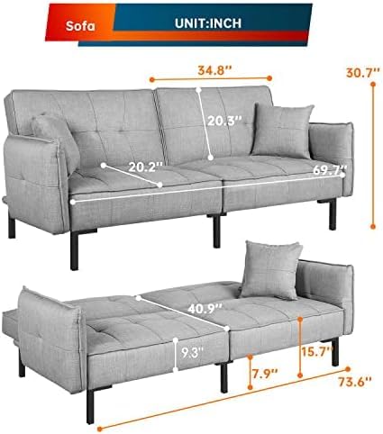 Image of PayLessHere Modern Convertible Futon Sofa Adjustable Folding Couch Sofa Bed Loveseat with Cotton Padding and High-Elastic Sponge for Living Room or Bedroom, Grey