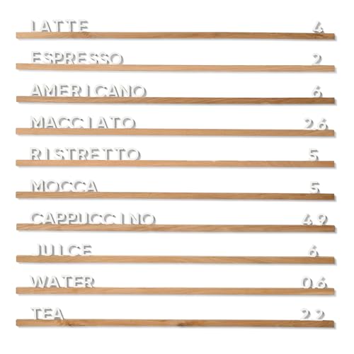 Inko Horeca Wooden Wall Letter Board - Set of 10 Oak Rails + 400 Changeable White Letters - Floating Wall Menu Display Shelf for Cafe, Bar, Kitchen, and Home Decor