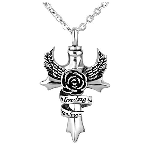 Collier urne pour cendres grand-mère pendentif croix cinéraire ailes ange