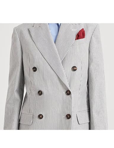 Womens Two Piece Sets Blazer Shorts Dressy Business Seersucker Stripes Double Breasted Professional Suits4