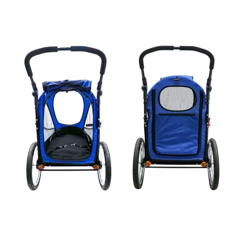 Petique Trailblazer Jogger Hundebuggy für mittelgroße Hunde & Katzen – luftgefüllte Reifen, 3 Leinen, Peek-a-Boo-Fenster, faltbar, großer Stauraum – Blau Haustierwagen