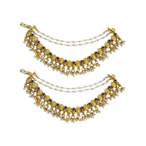 Yellow Chimes Kundan Ear Chain for Women | Gold Plated Temple Drop Jewellery | Multi Strand Red Green Bridal Ear Chain | South Indian Traditional Deal