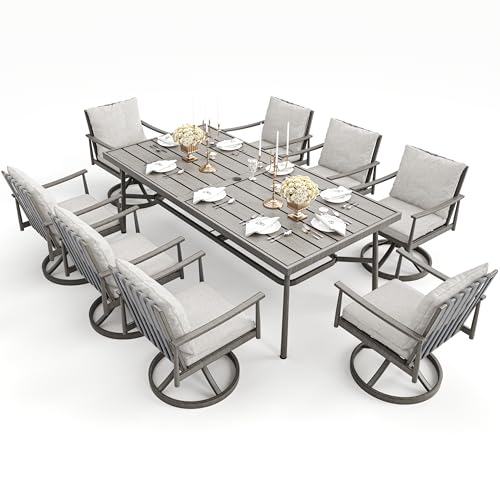HAPPATIO 9-Piece Patio Table and Chairs Set for 8, Aluminum Outdoor Dining Set with Cushions, 8 Swivel Dining Chairs, 1 Large Rectangular Table with Umbrella Hole for Lawn, Porch, Backyard, Grey