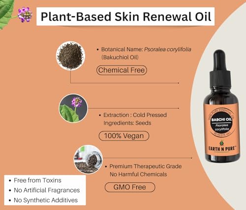 Image of Earth N Pure Babchi Oil (Bakuchiol Oil) - Natural Retinol Alternative for Skin Care, Face Glow & Even Skin Tone - 100% Pure Babchi Essential Oil for Face & Hair - 10ml