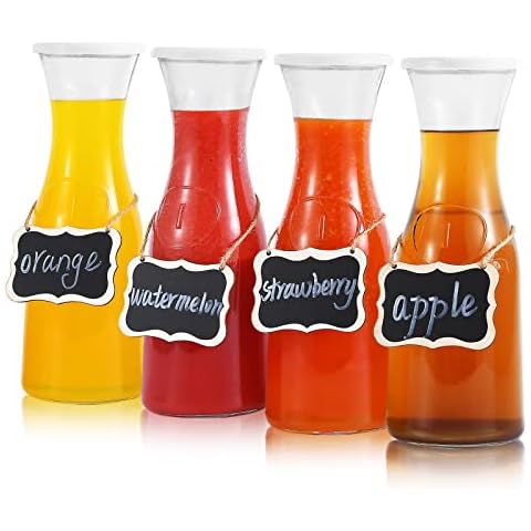 Set of 4 Glass Carafe with Lids, 1 Liter Beverage Pitcher Carafe for Mimosa Bar, Lemonade - 4 Wooden Chalkboard Tags Included Cover