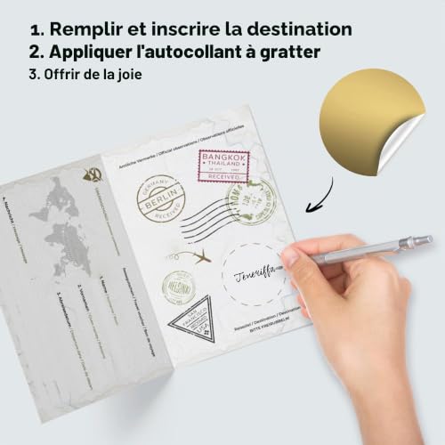 KOKO&LORA® Bon de voyage – Passeport avec autocollant à gratter – Pour écrire comme bon de vacances avec enveloppe – Emballage cadeau de voyage – vue 6