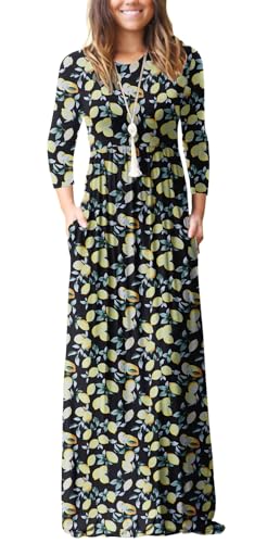 GRECERELLE Women Long Sleeve Casual Round Neck Loose Solid Floral Maxi Long Dress with Pockets, S-3XL