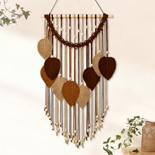 Weldomcor Macrame Wall Hanging Boho Leaf Woven Tapestry, Bohemian Chic Home Decor Modern Handmade Leaves Feather Wall Art Decorations for Bedroom Living Room Apartment Ornament (Khaki Brown)