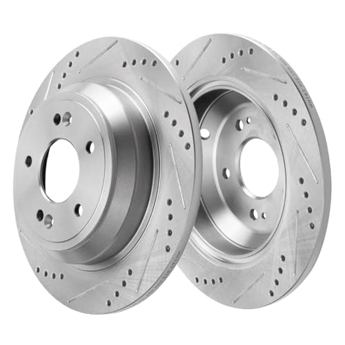 Image of Detroit Axle - Rear Brake Kit for 2010-2017 Hyundai Genesis Kia K900 Genesis G80, 2011 2012 2013 2014 2015 2016 Drilled and Slotted Disc Brake Rotors Ceramic Brakes Pads Replacement: 12.36 inch inch Rotor