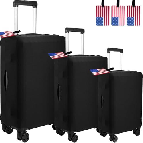 3 Pcs Elastic Luggage Cover with 3 Luggage Tags, 20/24/ 28 Inch Travel Suitcase Protector Anti Scratch Suitcase Cover Protector Washable Fits 18 to 28 Inch (American luggage tag)