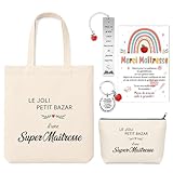 Caja de regalo de maestría de escuela de fin de año, bolsa gracias Maitresse Tote Bag, marca de página maestra de escuela y llavero, idea de regalo para profesor para fin de año escolar, Navidad