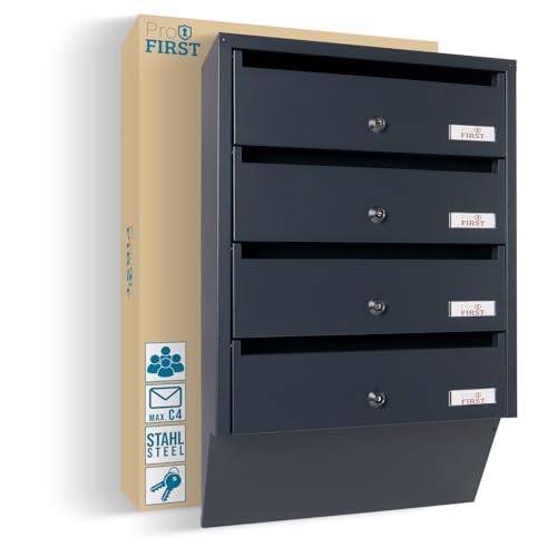 Profirst Briefkastenanlage Maildrop 4 Anthrazit Stahl Zylinderschloss je 2 Schlüssel für 4 Parteien Namensschildhalter inkl. Montagematerial