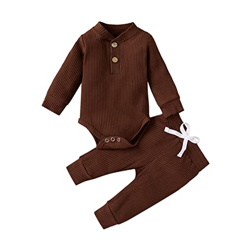 Image of Newborn Baby Boy Girl Clothes Ribbed Knitted Cotton Long Sleeve Romper Long Pants Solid Color Fall Winter Outfits (A-X- Dark Coffee, 0-3 Months)