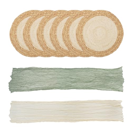 ACUSHLA 6er-Set Boho Tischsets + 2 Tischläufer | 100% Naturmaterial (Wasserschilf) | Stilvoll & Praktisch für Feiern/Alltag | Makramee-Dekor und Bauernhaus-Stil, Platzsets, für Esstisch, Küche (35CM)