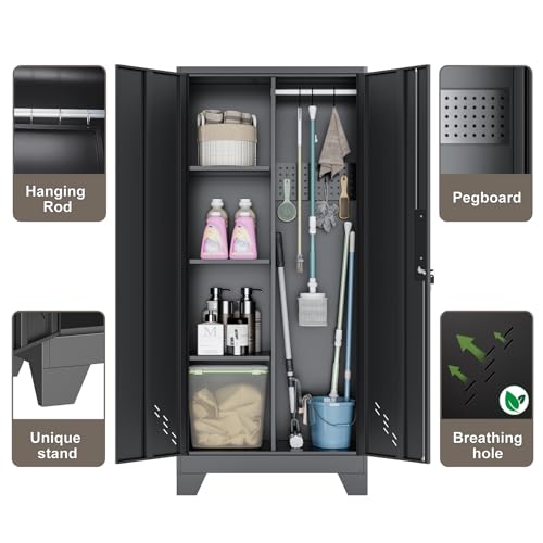 Image of 61 inch H Garage Cabinets, Metal Storage Cabinet with Lockable Doors and Pegboard, Utility Closet for Brooms and Mops, Tool Cabinets for Home Office Laundry Room Living Room