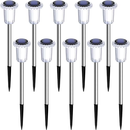 Image of Solar Pathway Lights 10 Pack Solar Lights Outdoor Waterproof 6000K Cold White Yard Lighting, LED Stainless Steel Stake for Garden Outside Landscape Lawn Driveway Walkway Path