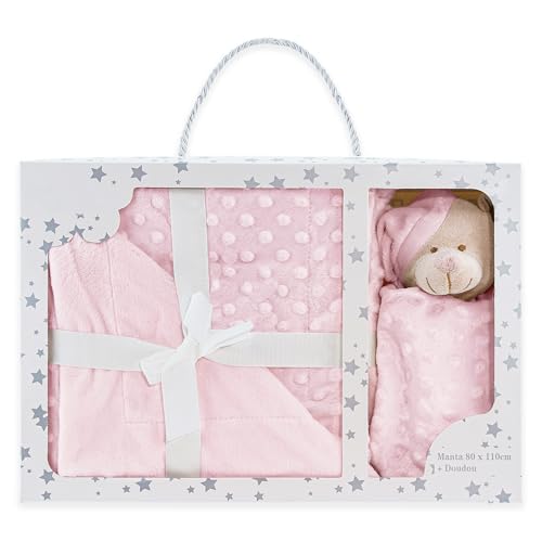 various Manta Burbuja y Dou Dou Osito Manta extrasuave + doudou Osito Tacto Aterciopelado, Set de Regalo Bebe, Lavable, Textura en Relieve (Rosa)