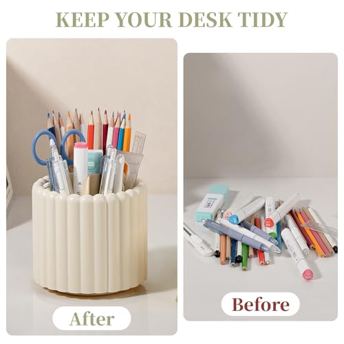 Image of Anyoifax 360 Rotating Pen Holder 7 Slots Desk Organizer Removable Pencil Cup Plastic Art Supplies and Accessories Desktop Storage Box Caddy for Office, School, Home (Beige)