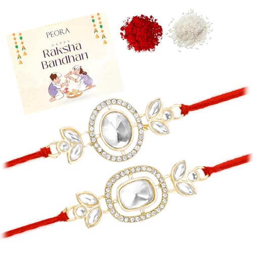 Image of Peora Rakhshabandhan Thread Rakhi for Brother Bhaiya | Kundan Beads & Crystal Studded | Combo Set of 2 | Rakhi Hamper Roli Chawal & Greeting Card