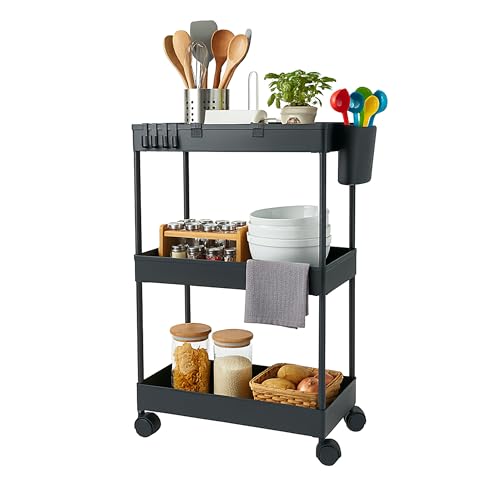 Carro de servicio Relaxdays estrecho con estantes de rejilla color negro 2