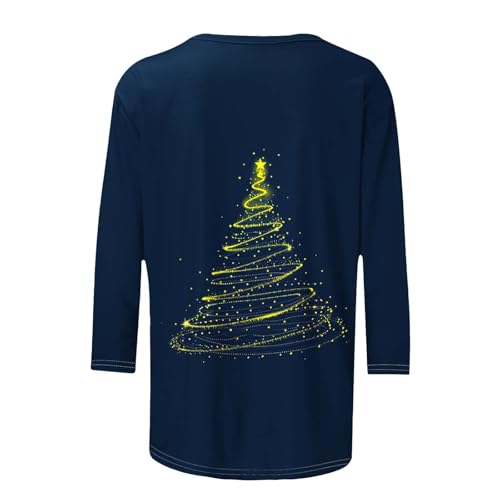 Womens Christmas Tree Graphic Shirts 3/4 Sleeve Crewneck Cotton Tunic Blouses Plus Size Casual Cute Xmas Holiday Tops3