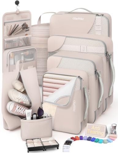 8 Set Packing Cubes for Travel, Gifts for Women Mom,Anti-Tearing Suitcase Organizer for Luggage with Shoe & Hanging Toiletry Bag,OlarHike Vacation Essentials & Accessories for Cruise Ship