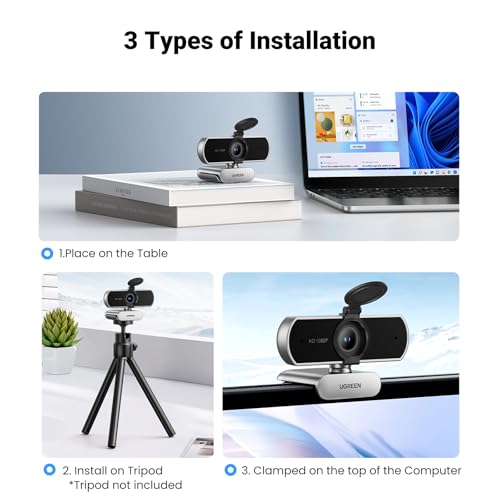 Image of UGREEN Full HD 1080P Webcam with Microphone, 2 Noise-Canceling Mics, 85 Fov & Fixed Focus, Plug and Play, Auto Light Correction, Privacy Cover PC Camera for Zoom /Skype /Teams, Switch 2, Silver Grey