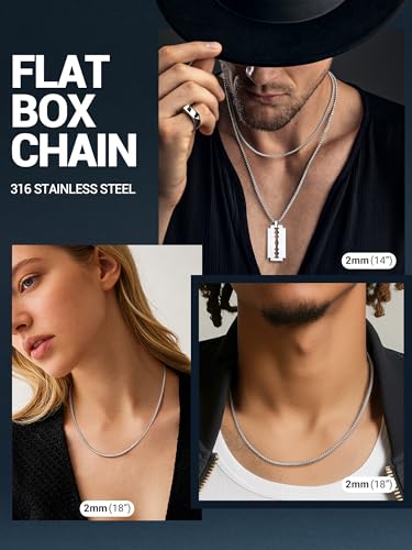 Image of PROSTEEL Stainless Steel Flat Box Link Chain Necklace for Men | Silver /Black /18K Gold Plated,2 /3 /4 /5 /6 /7 /8mm Width Chain with Strong Lobster Clasp /Waterproof Men Women Jewelry with Gift Box