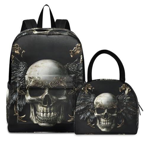 Luxury Skull Wings Print Backpack Set with Lunch Bag, Large Capacity Travel Backpacks and Lunch Box Insulated for Commute Hiking Picnic
