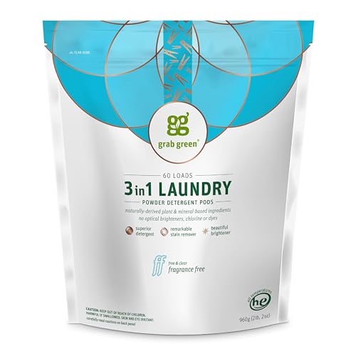 Image of Grab Green 3-in-1 Laundry Detergent Pods, 60 Count, Fragrance Free, Plant and Mineral Based, Superior Cleaning Power, Stain Remover, Brightens Clothes