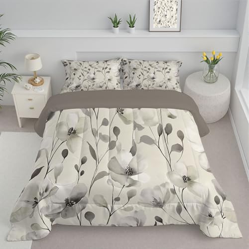 Piumino Letto Matrimoniale Con Federe, Piumino Trapuntato Motivo Elegante Floreale Dipinto A Inchiostro Retrò Per Tutte Le Stagioni, Trapunta Reversibile Leggero Caldo, 240X220, Beige