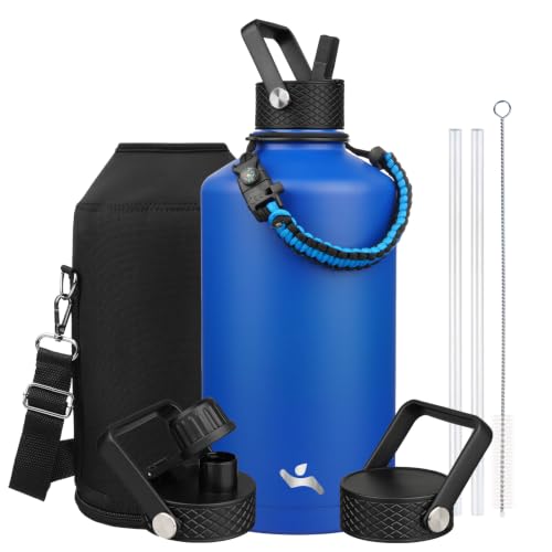 Image of Konokyo Gallon Insulated Water Bottle with Straw,128 oz 3 Lids Water Jug with Carrying Bag,Paracord Handle, Double Wall Vacuum Stainless Steel Metal Flask,Blue