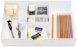 Amtido Desk Drawer Organiser Tray for Office Stationary Supplies & Accessories - Draw Tidy Storage Box  3 Compartments with 2 Adjustable Dividers  White - 2 Pack