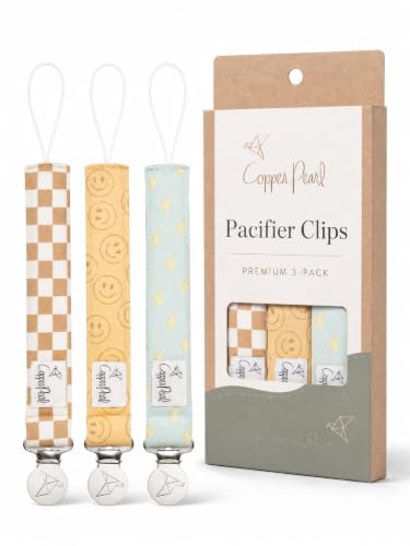 Image of Copper Pearl 3-Pack Pacifier Holders: Premium Knit Binky Clips for Baby Girls and Boys - Stylish Stainless Steel Design for Secure No-Drop Attachment