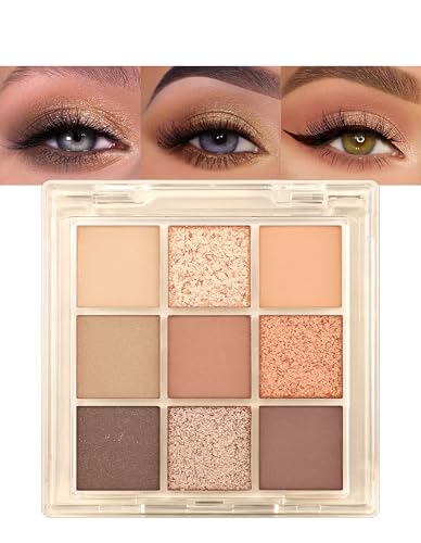 Erinde Lidschatten Palette Matt & Glitter - 9 Farben, Langanhaltende Wasserfest Eyeshadow Palette, Brown Metallic Glitzer Lidscahtten, Cream Long Lasting Eyeshadow