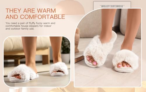Women Fluffy Cross Band House Slippers Fuzzy Open Toe Slippers Slip-on Cozy Plush Home Shoes Indoor Outdoor4