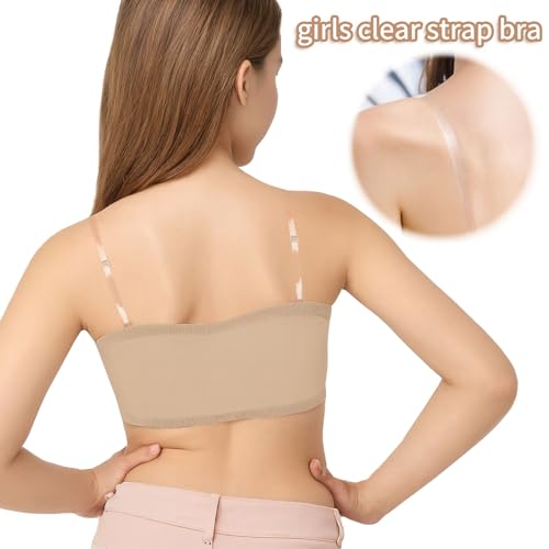 iMucci Girls Bandeau Bra Seamless Clear Strap Training Bras for Girls Sports Tube Top with Adjustable Clear Straps 7-16Y3