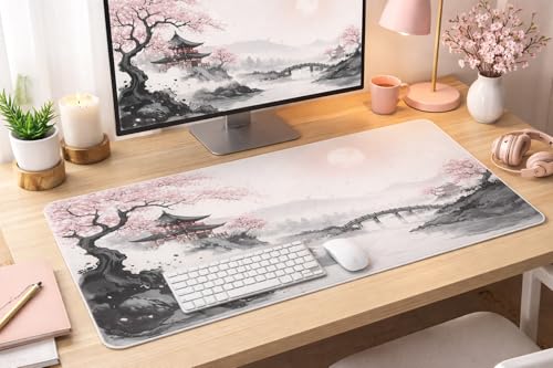 Mouse Pad Anime, Japanese Cherry Blossom Desk Mat for Gaming & Office, XL Extended Waterproof Keyboard Pad with Non-Slip Rubber Base — view 3