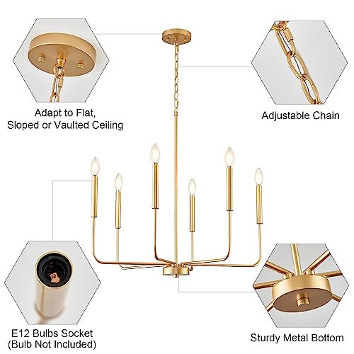 ONESMING Modern Gold Chandelier for Dining Room,Metal 6-Light Kitchen Light Fixtures,Farmhouse Candle Hanging Pendant Light for Living Room Entryway Foyer Bedroom (Bulb Not Included)