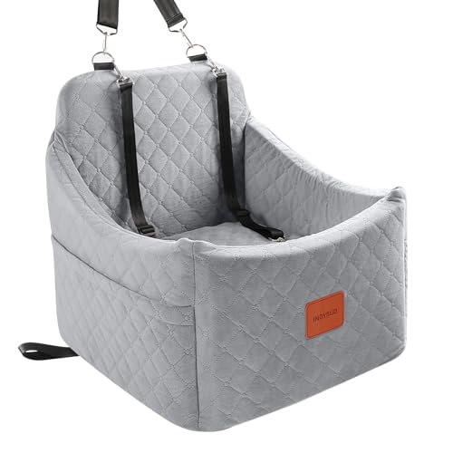 Dog Car Seat for Small/Medium Dogs up to 35 lbs, Memory Foam Pet Booster Seat with Detachable Washable Cover, Portable Pet Bed for Cars with Safety Belts and Storage Pockets(Grey, Medium)
