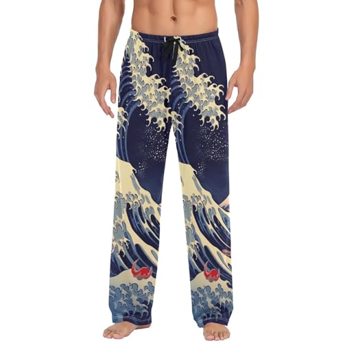 Lounge Pajama Pants for Men Japanese Sea Wave Men's Sleep Bottoms Pants with Drawstring, S