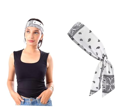 Image of Sweat Sweatband Headband Men, Ninja Headbands, Sports Head Tie, Mens Paisley Headband Long Hair, Athletic Head Band - White and Blue Combo