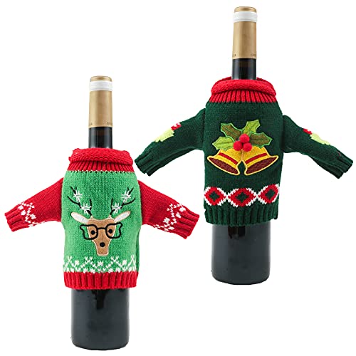 2 Stück Weinflaschen-Pullover Rotwein Taschen Pullover Weihnachtsflaschendekoration Gestrickte Flaschentaschen Flaschenanzug mit Weihnachtsmann Dekorationen für Weihnachten, Neujahr, Zuhause, Party Cover